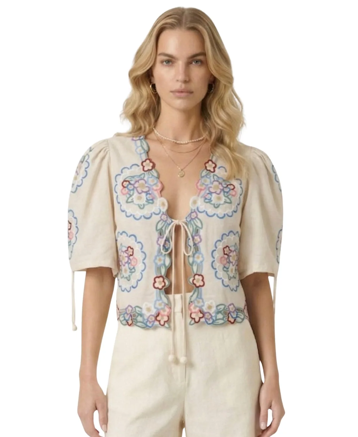 Floral-Embroidered Puff-Sleeve Cropped Top