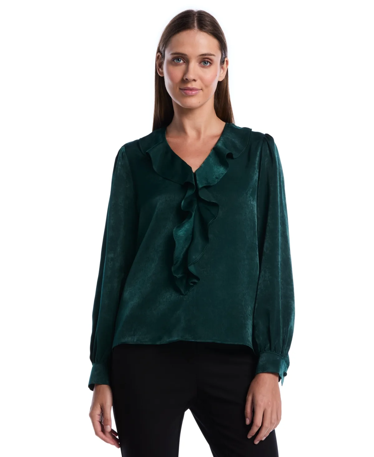 Puff-Sleeve V-Neck Ruffle Blouse by Rafaella