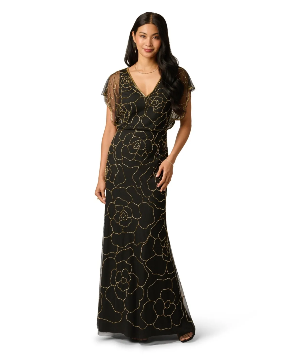 Bead Blouson V-Neck Long Dress by Adrianna Papell
