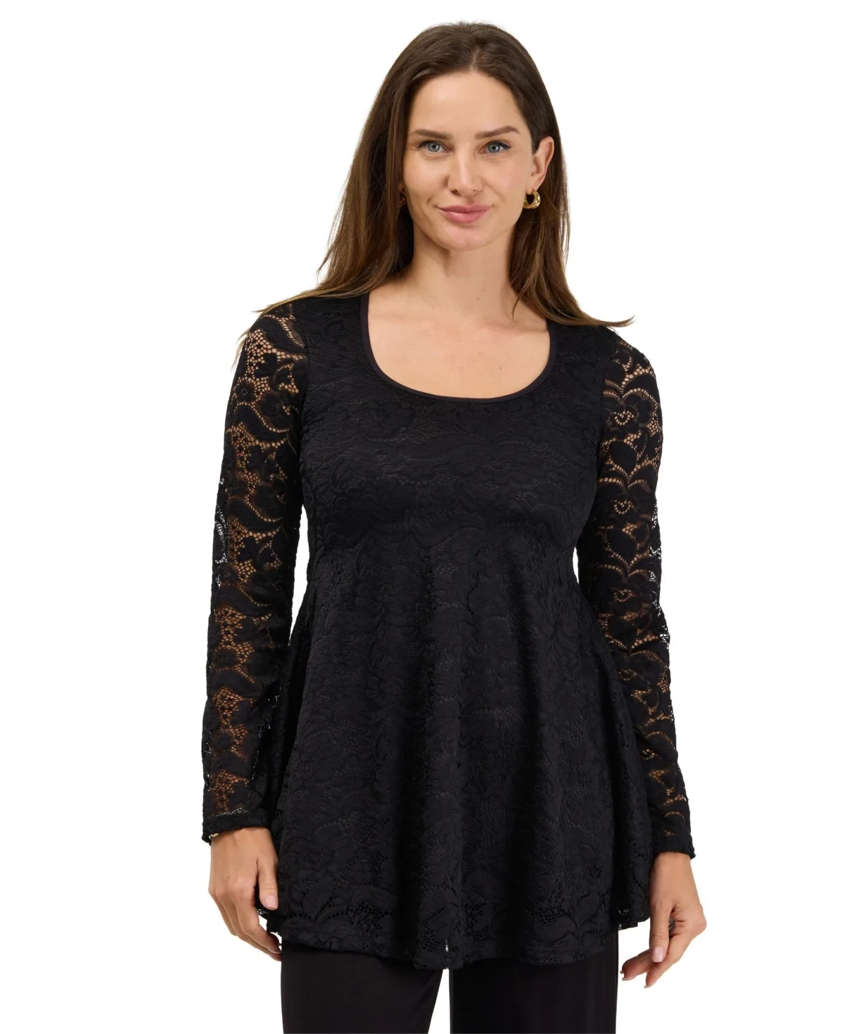 Scoop-Neck Long-Sleeve Floral Lace Tunic
