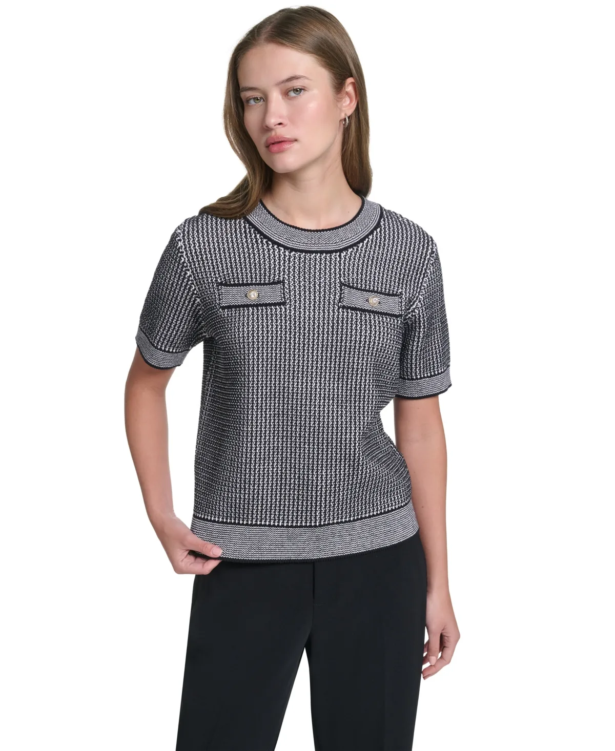 Crewneck Short-Sleeve Fitted Sweater by Karl Lagerfeld