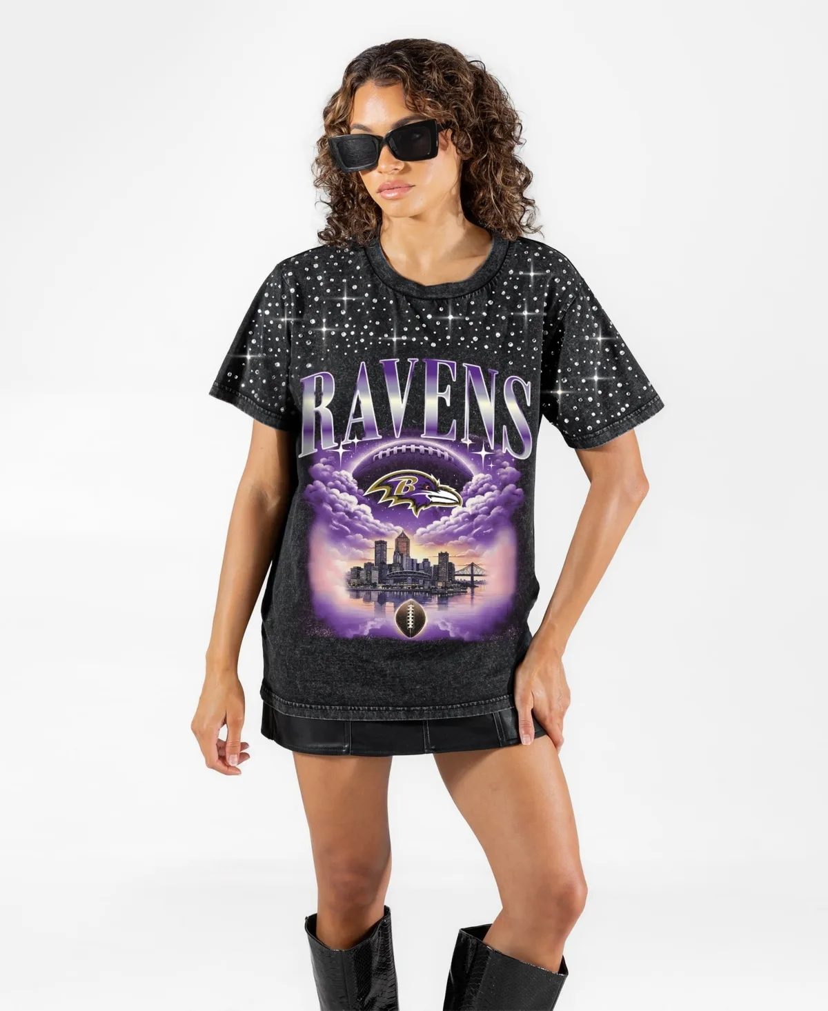 Baltimore Ravens Skys the Limit Washed Micro Rhinestone T-Shirt