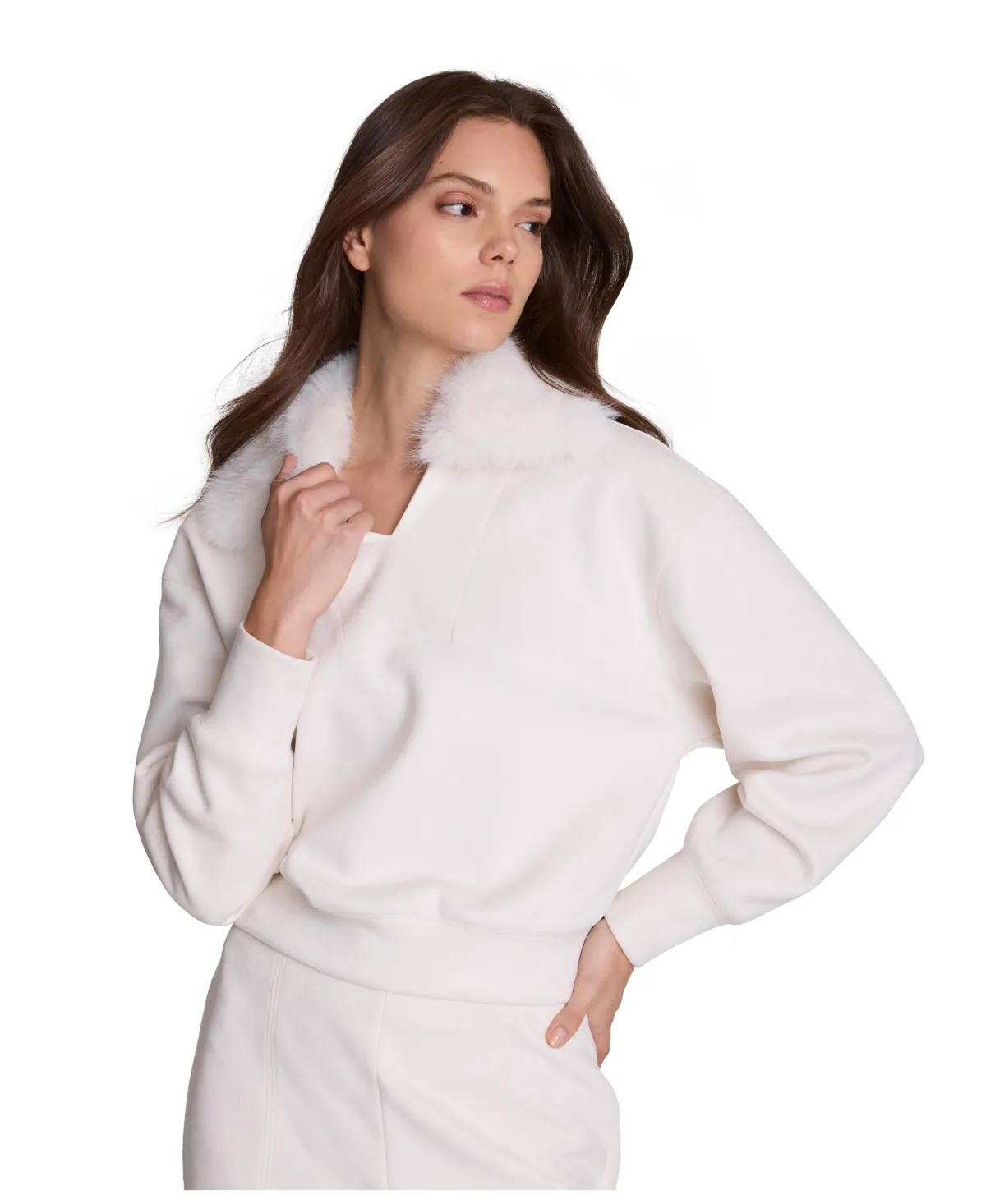 Faux Fur Collar Long Sleeve Pullover by Kenneth Cole
