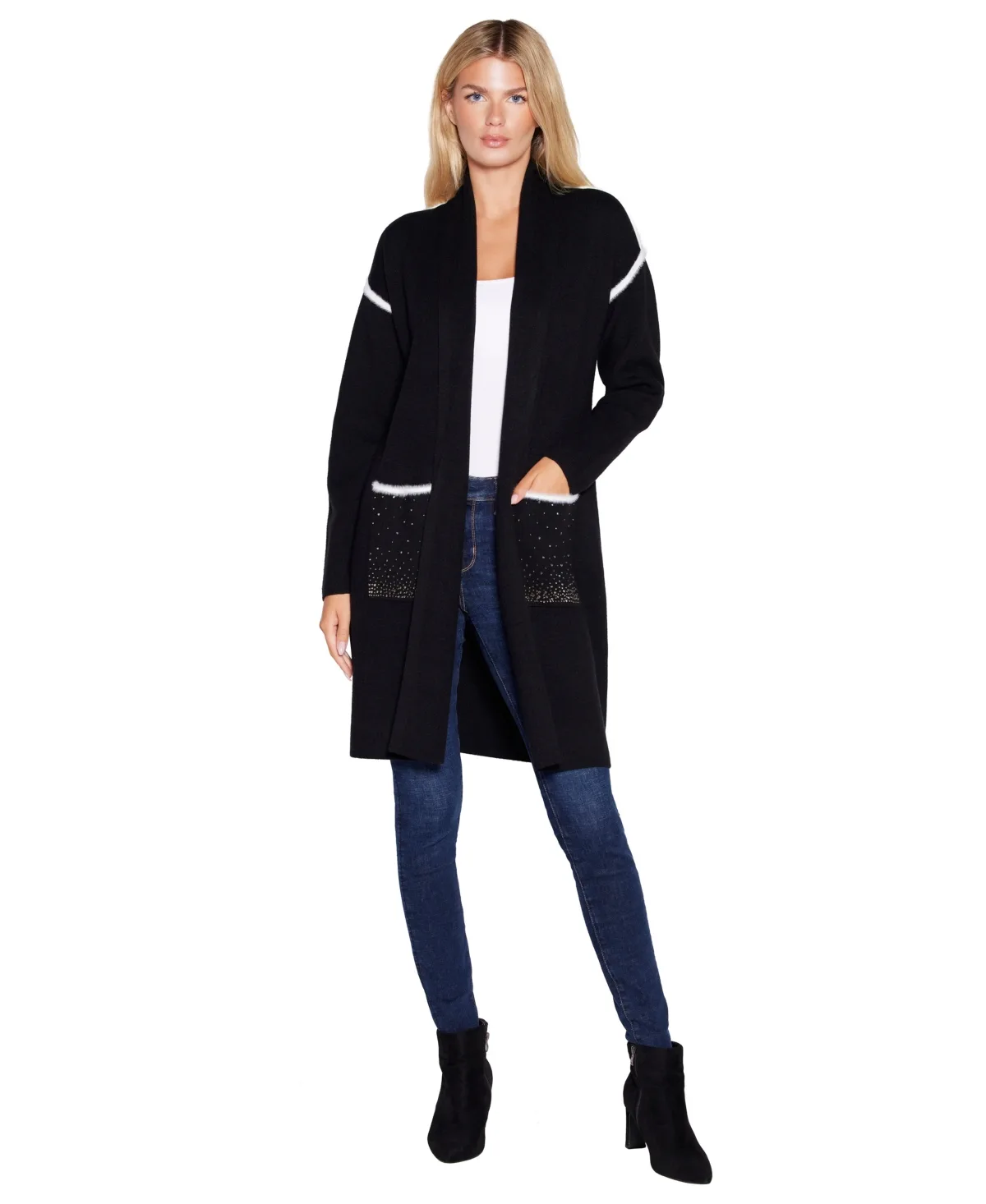 Shawl-Collar Open-Front Eyelash Trim Cardigan by Belldini