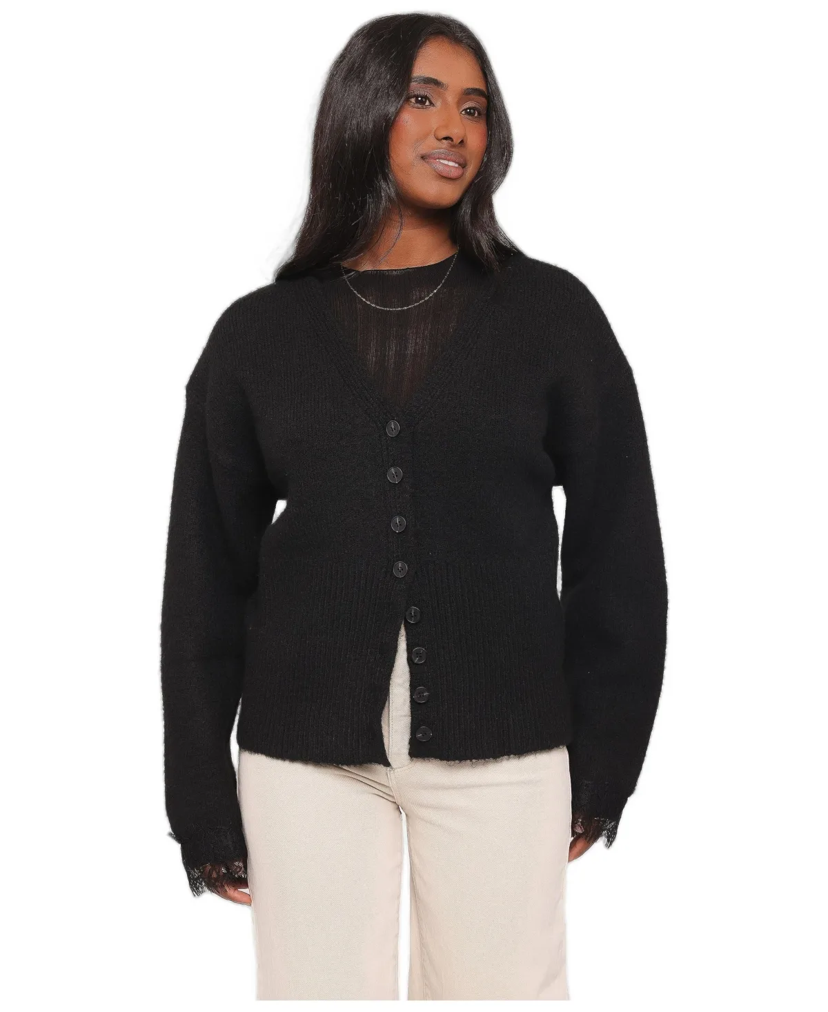 Salome V-Neck Long-Sleeve Lace-Trim Cardigan by Petal and Pup
