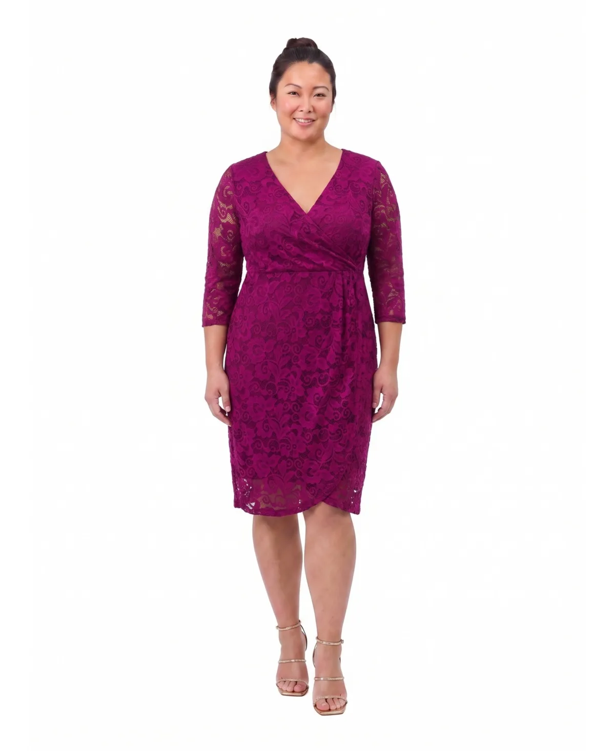 Lace Floral-Print V-Neck 3/4-Sleeve Wrap Dress