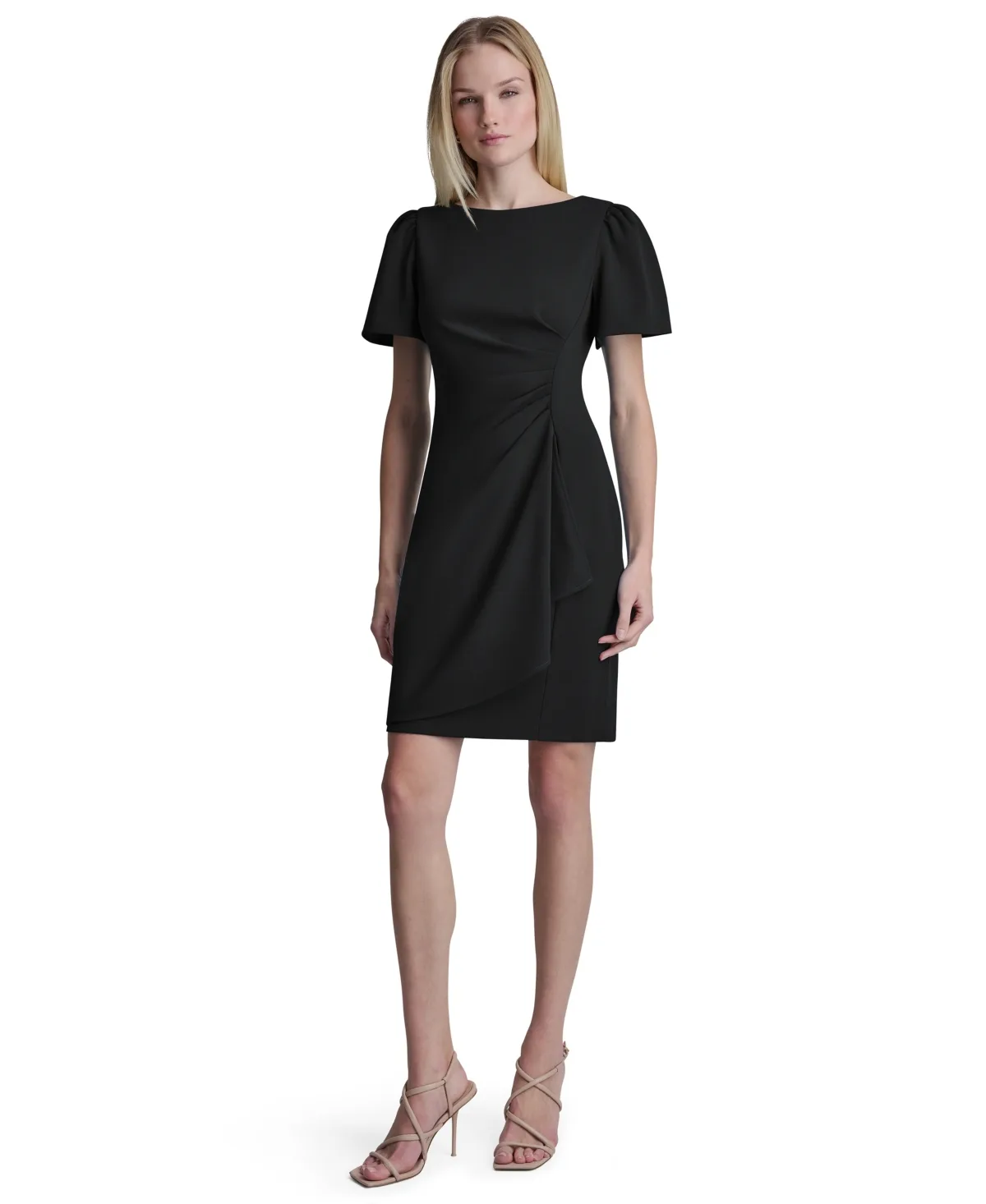 Flutter Ruched Boat Neck Knee-Length Dress