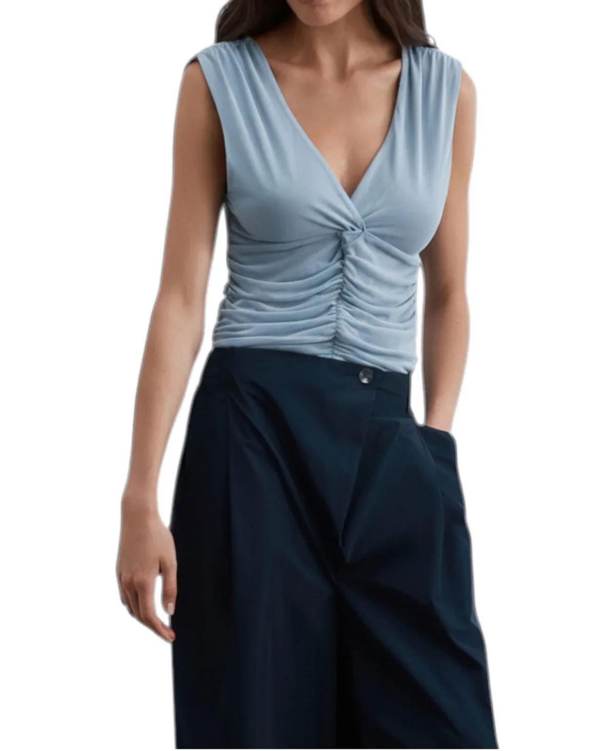 Sleeveless V-Neck Front Ruched T-Shirt by Scalpers