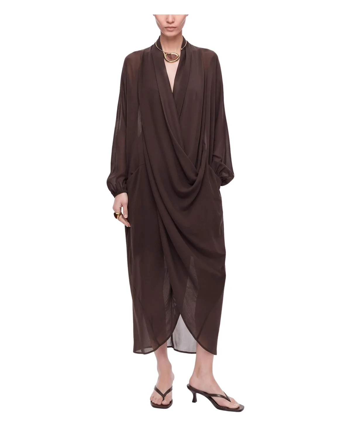 Draped Wrap Balloon Sleeves Maxi Dress by Nocturne