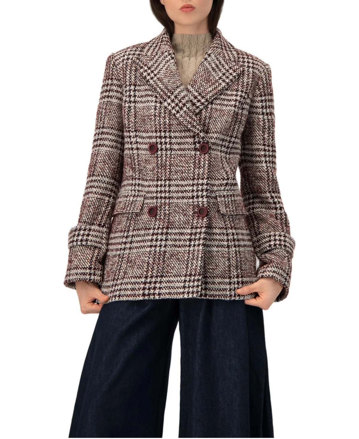 Double-Breasted Tweed Plaid Coat