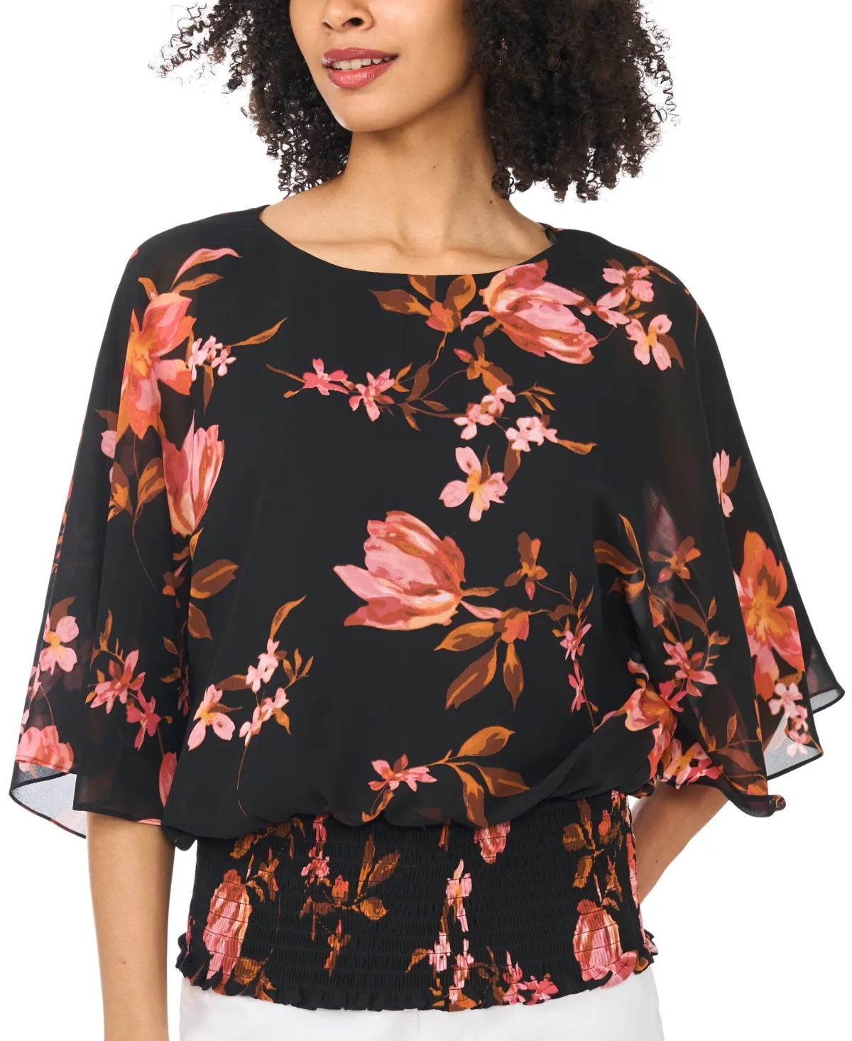 Dolman Sleeve Floral-Print Smocked-Band Blouse by S.A.M.