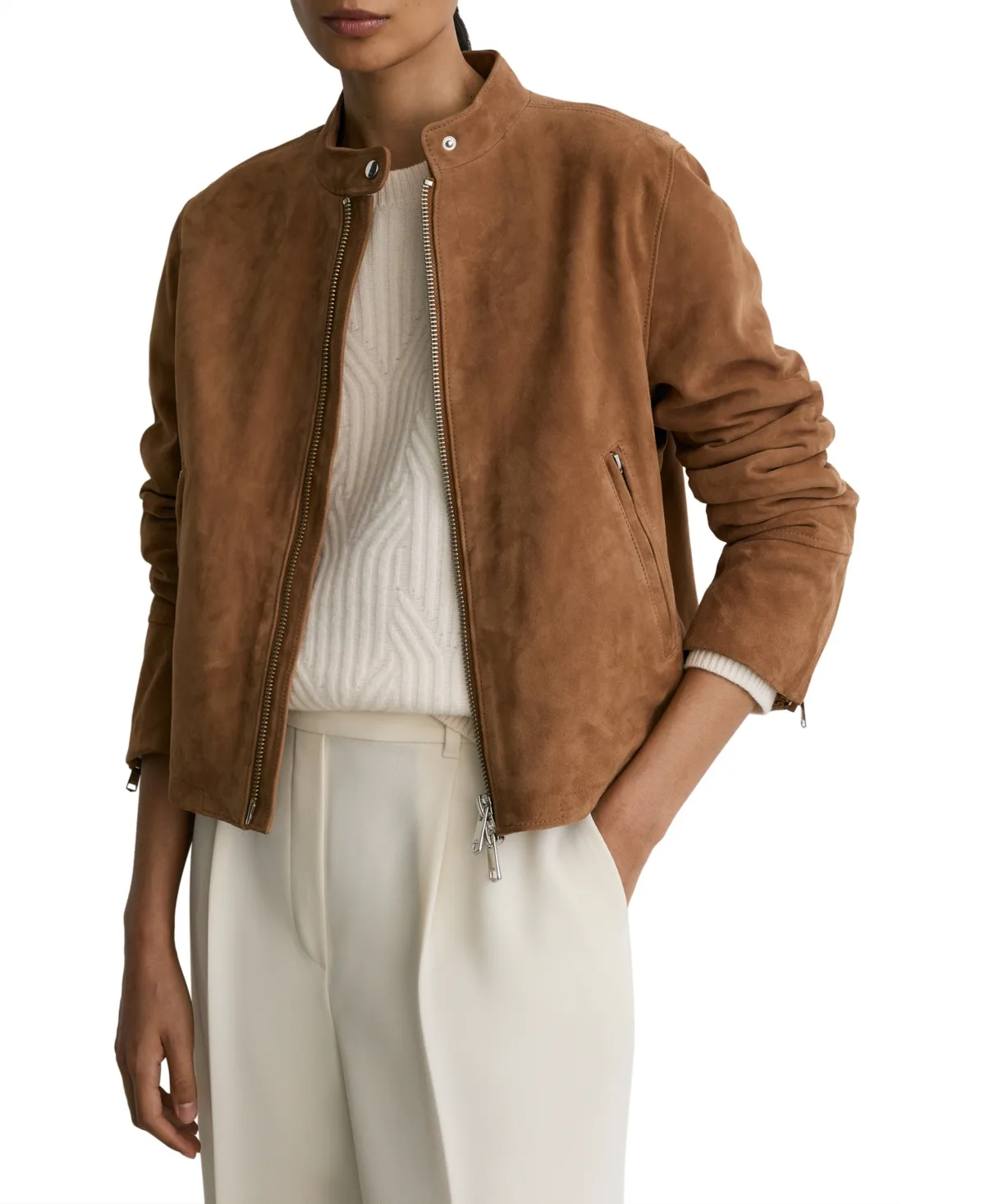 Erin Suede Bomber Stand-Collar Lined Jacket