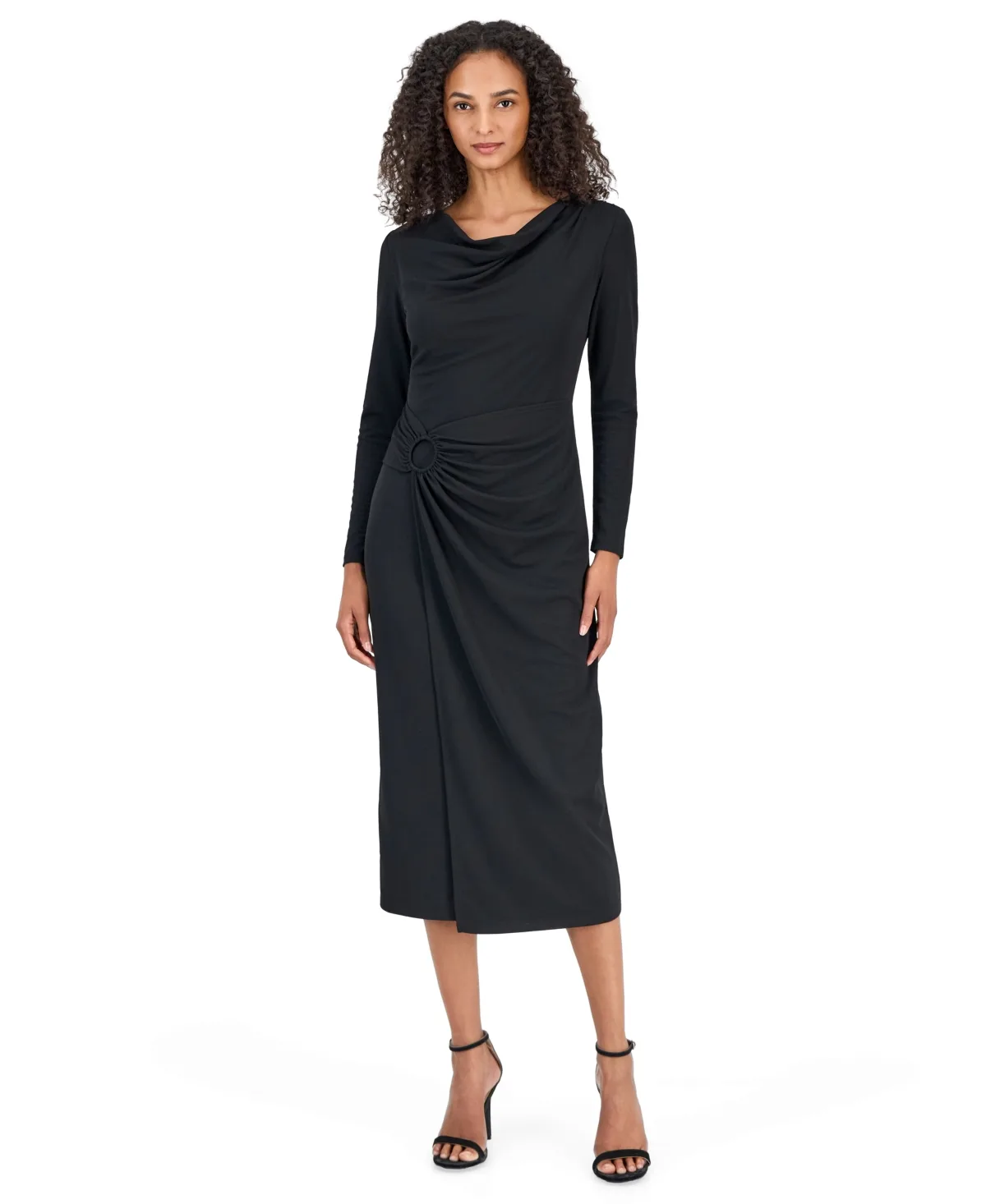 Faux Wrap Cowl Neck Long Sleeve Midi Dress by Anne Klein