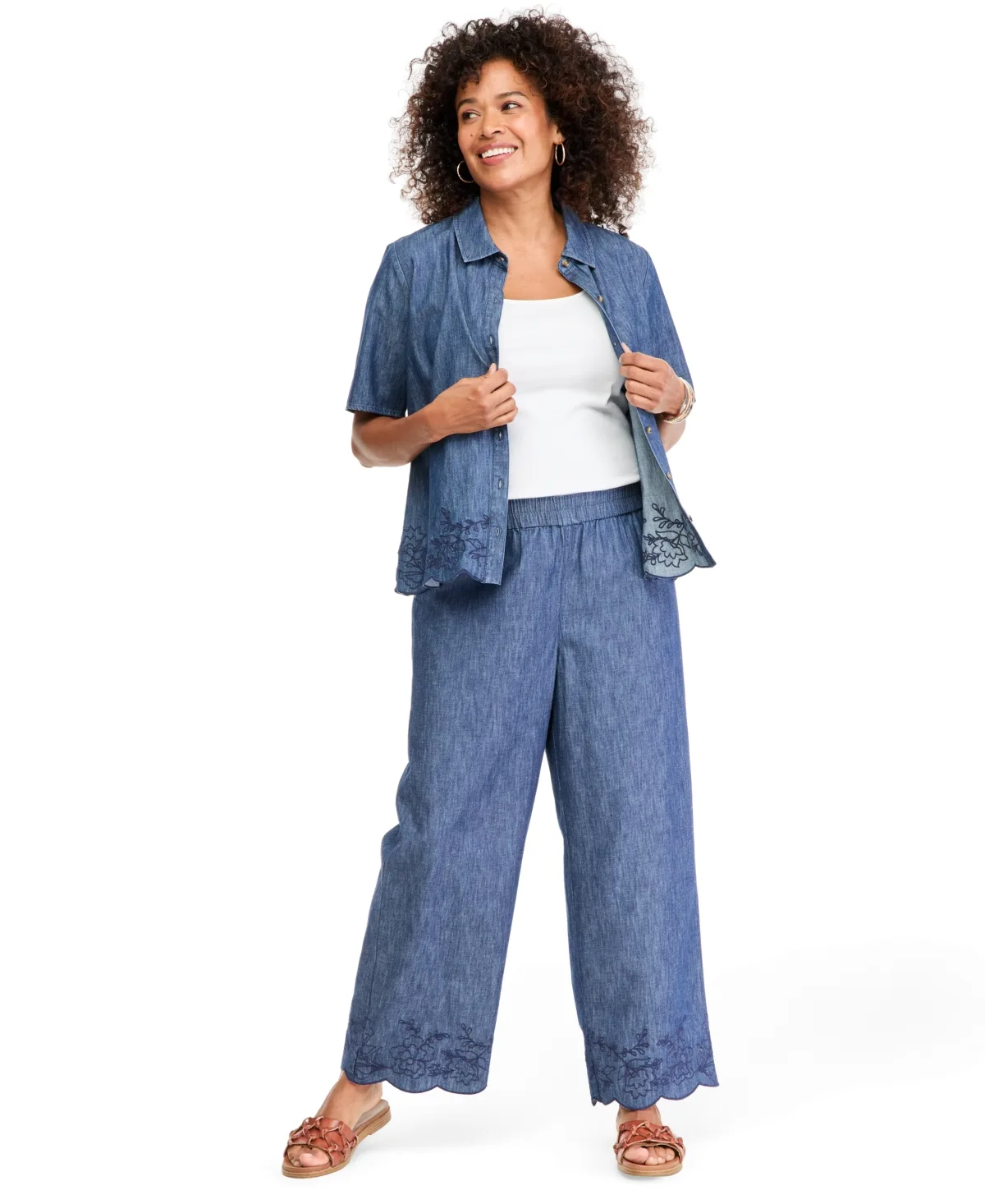 Chambray Embroidery Wide-Leg Ankle Pants by Style & Co