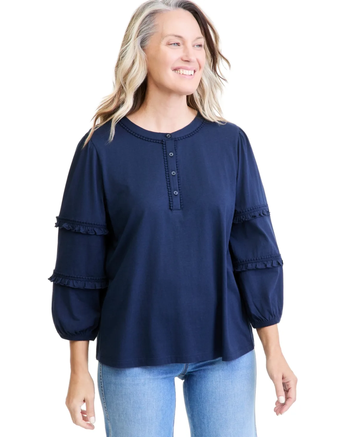 3/4-Sleeve Ruffle Sleeve Henley Blouse by Style & Co