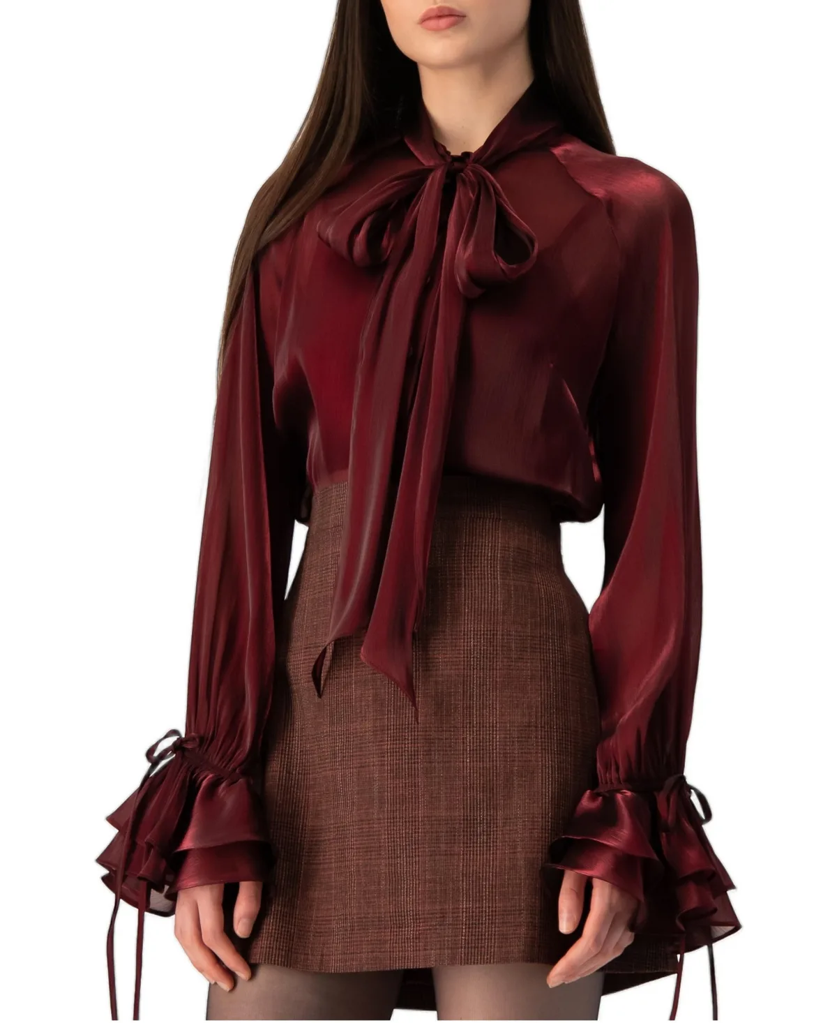 High-Neck Long-Sleeve Satin Blouse