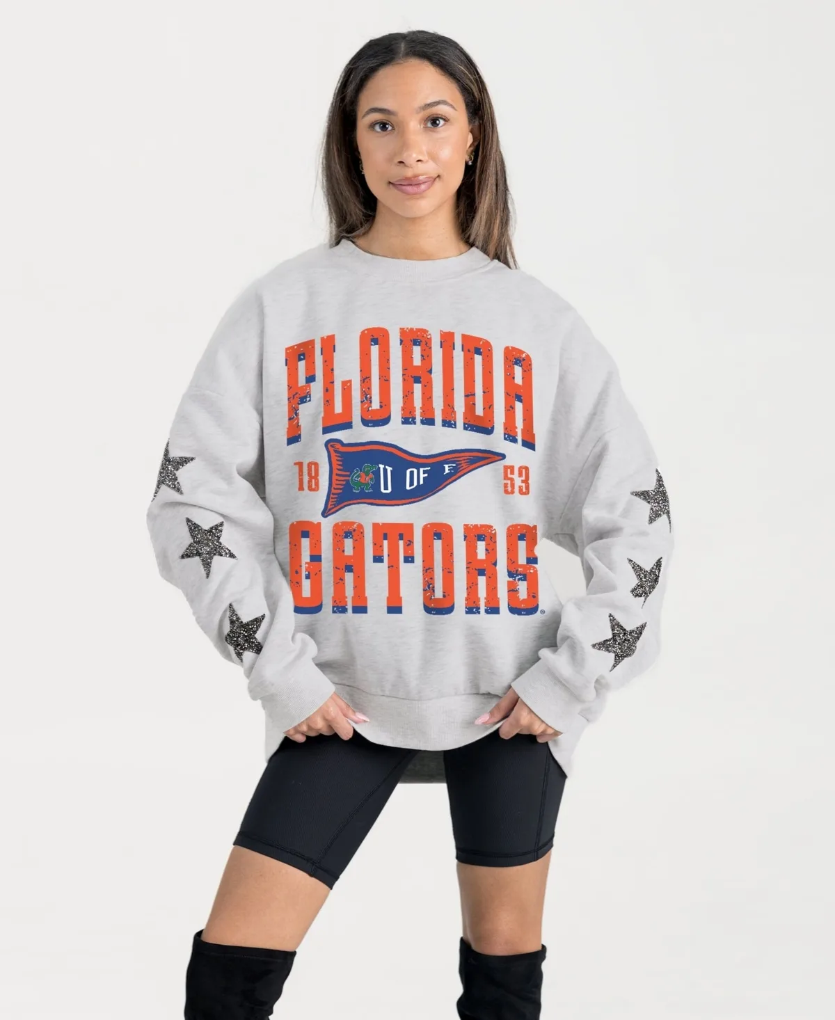 Florida Gators Oversized Pennant Pride Rhinestone Star Sleeve Sweatshirt