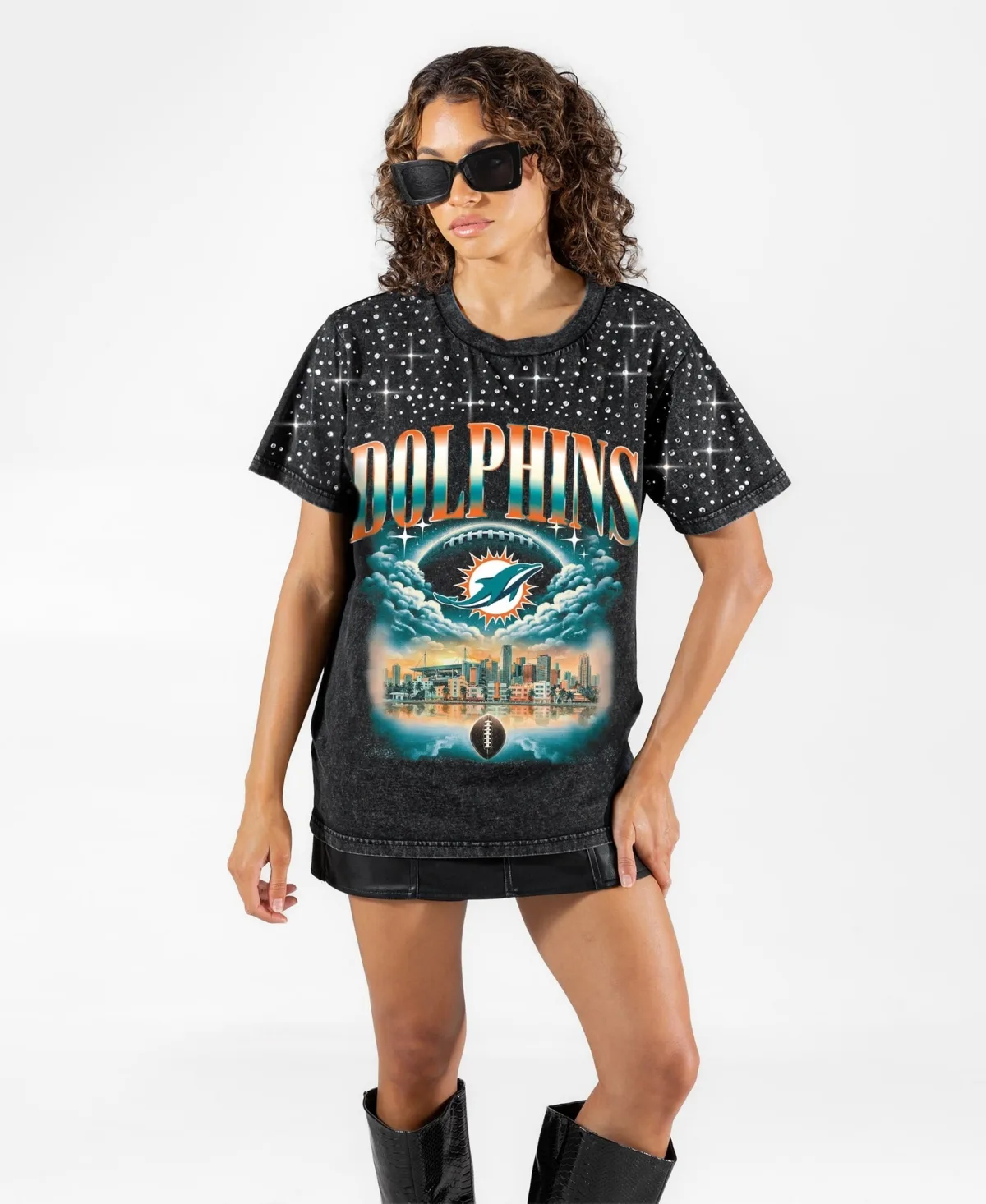 Miami Dolphins Skys the Limit Washed Micro Rhinestone T-Shirt
