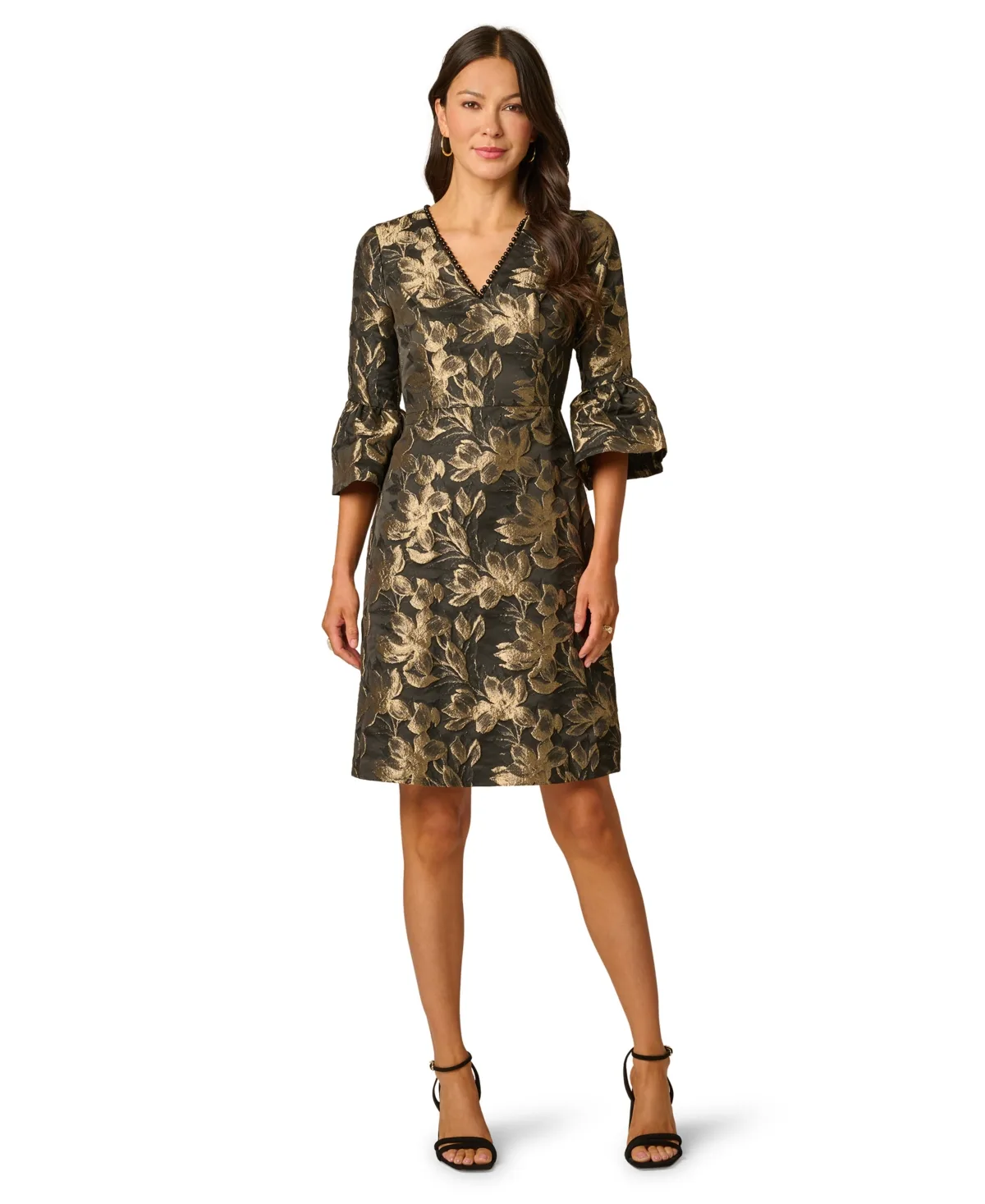 Floral-Print A-Line V-Neck Dress by Adrianna Papell