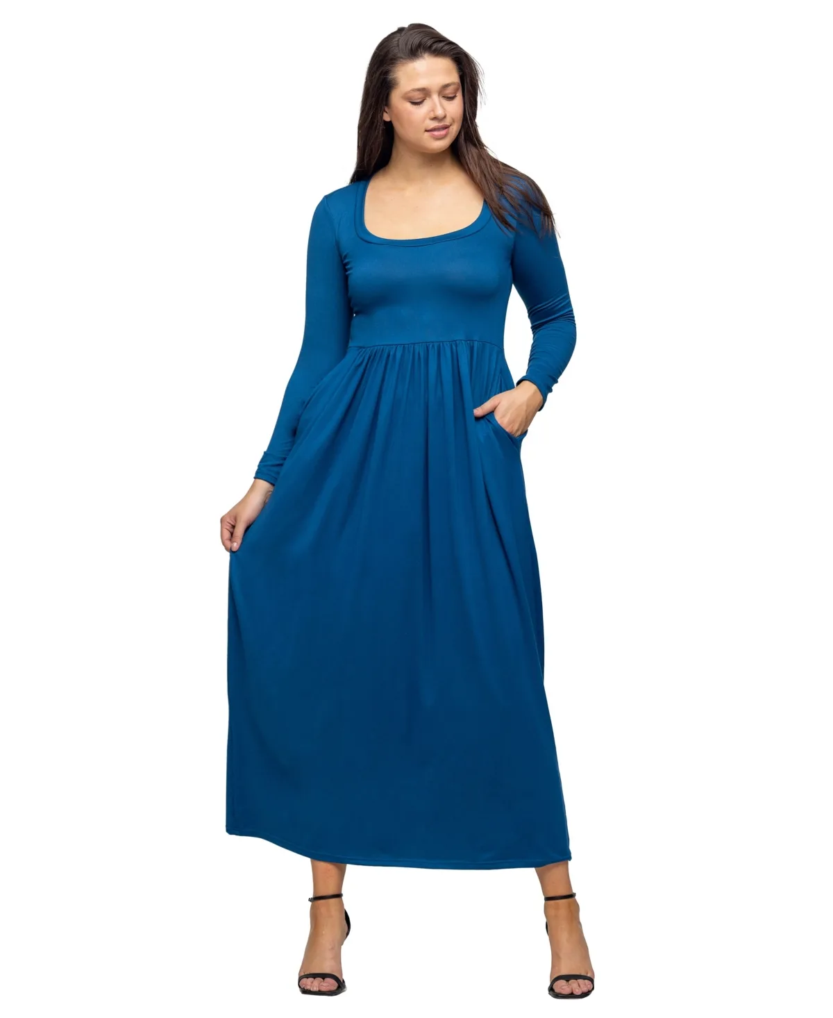 Essential Pleated Long-Sleeve Square Neck Maxi Dress by 24seven Comfort Apparel