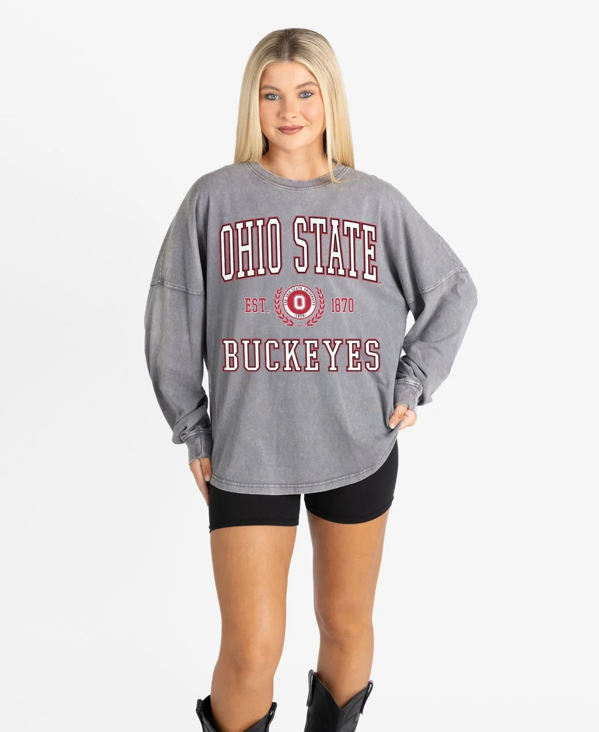 Ohio State Buckeyes Oversized Final Score Snow Wash Long-Sleeve T-Shirt by Gameday Couture