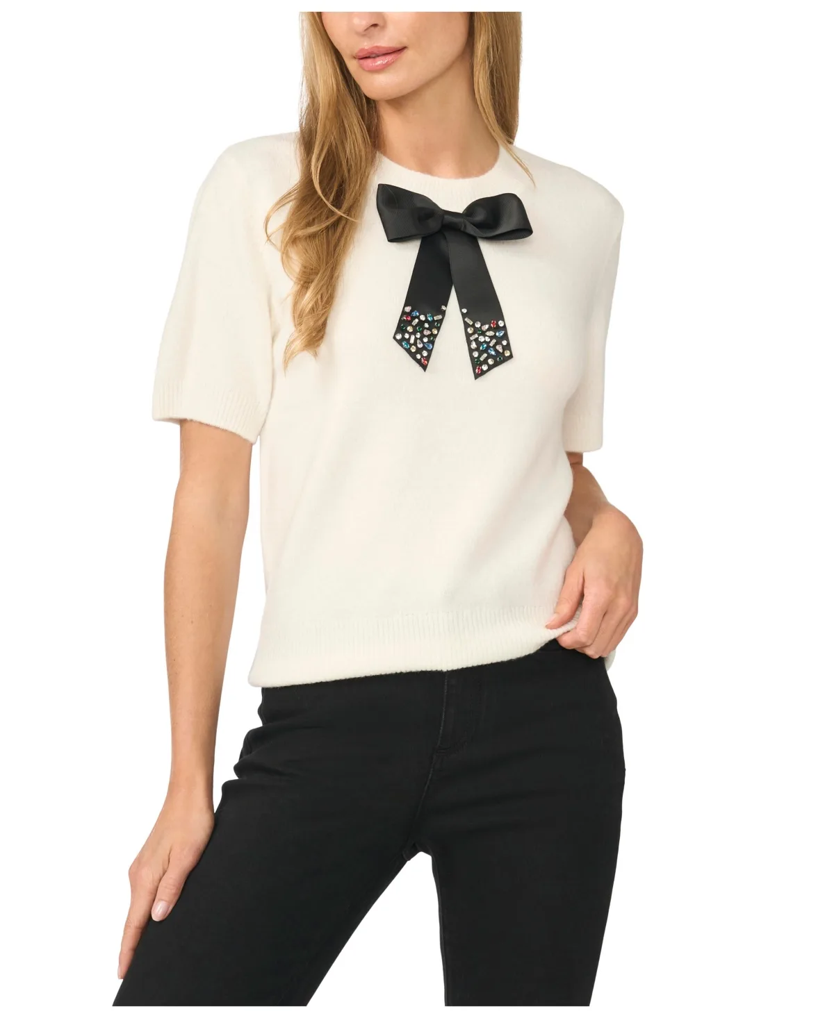 Short-Sleeve Crewneck Embellished Sweater by CeCe