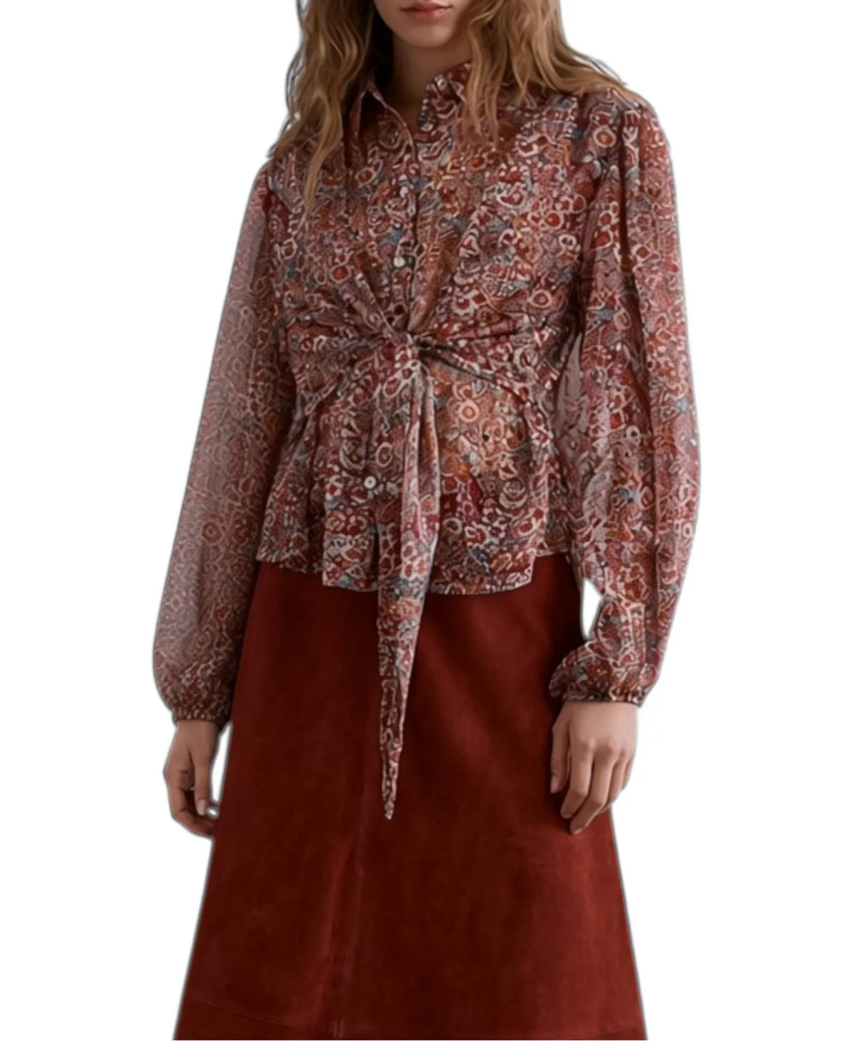 Floral-Print Long-Sleeve Tie-Front Blouse by Scalpers