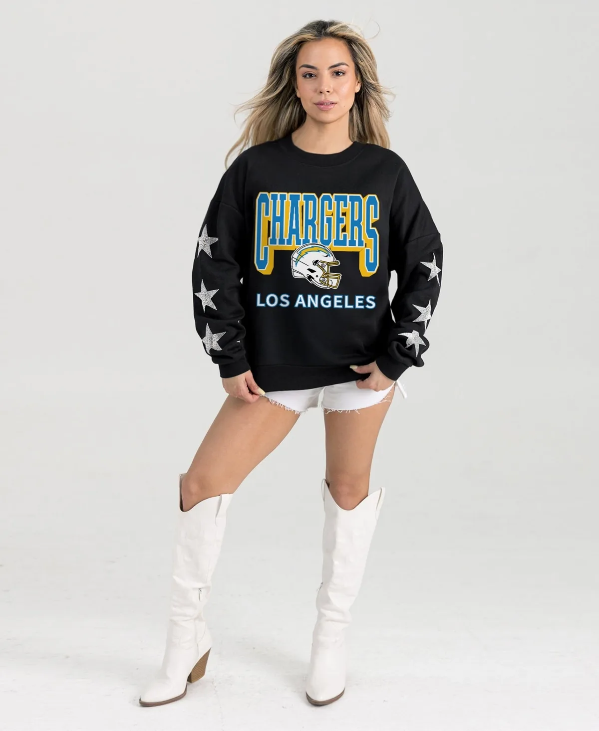 Los Angeles Chargers Pure Victory Rhinestud Star-Sleeve Pullover Sweatshirt