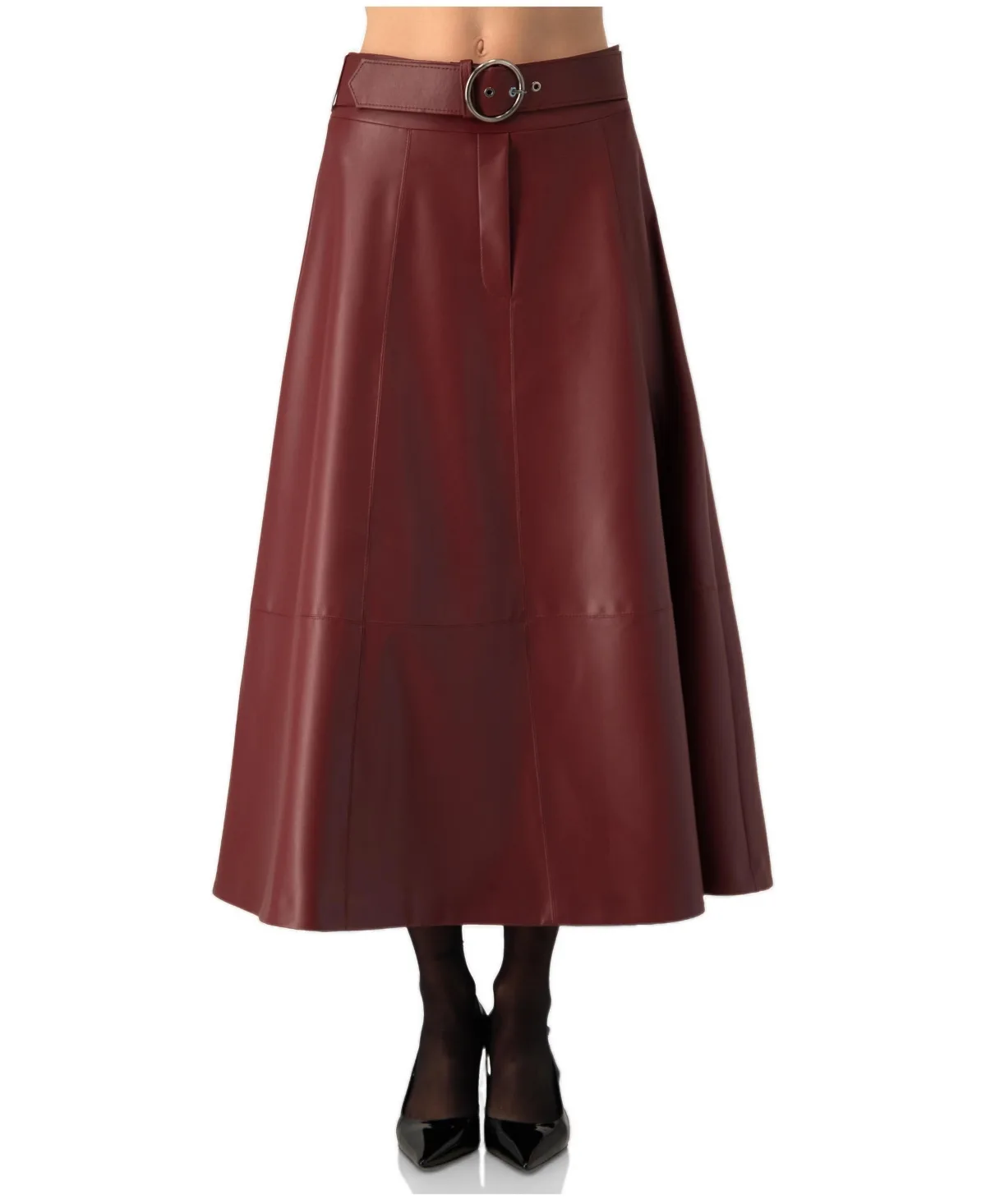 Belted A-Line Faux Leather Midi Skirt by Ivonne