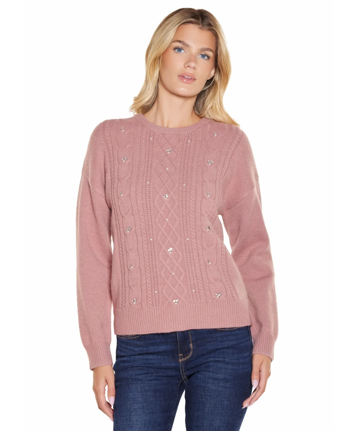 Cable-Knit Embellished Crewneck Pullover Sweater by Belldini