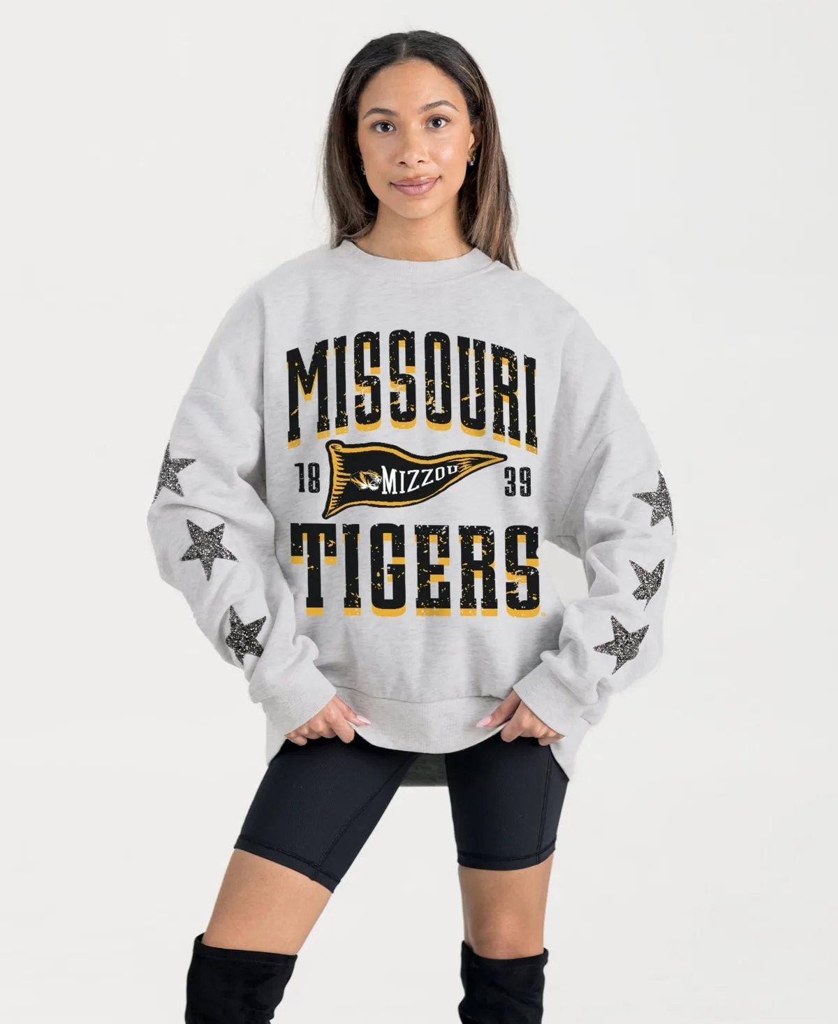 Missouri Tigers Oversized Pennant Pride Rhinestone Star Sleeve Sweatshirt