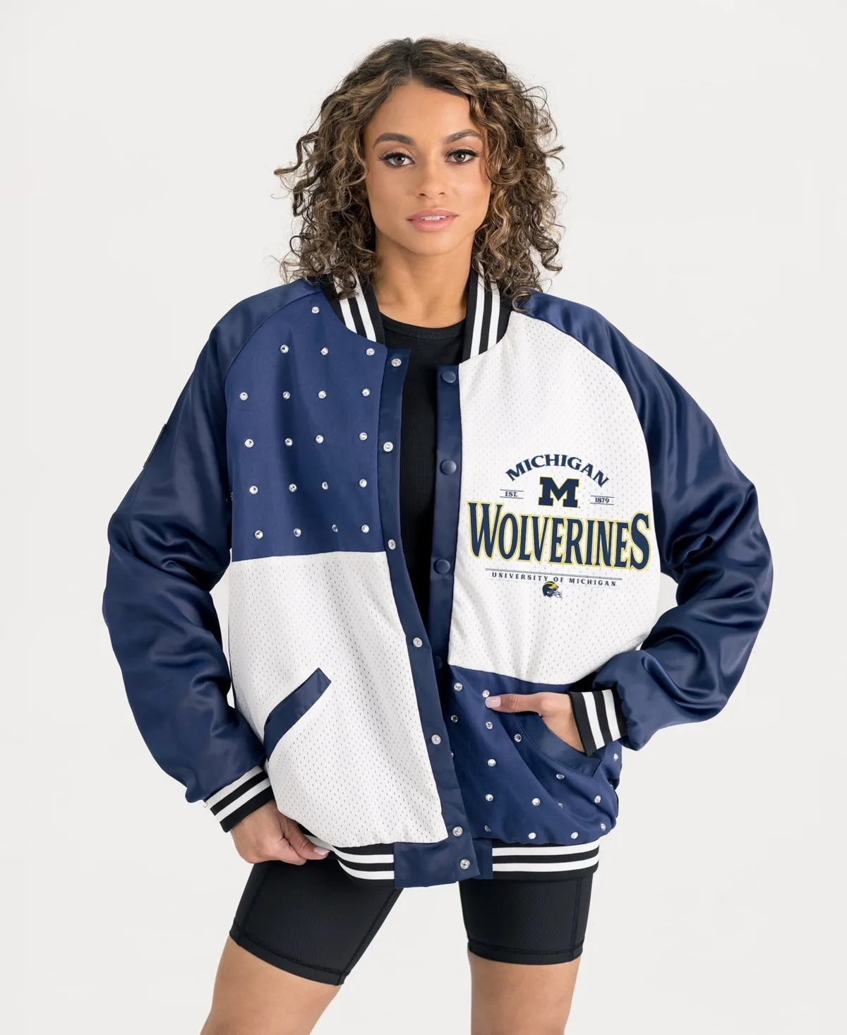 Navy Michigan Wolverines Oversized Inner Drive Varsity Rhinestone Full-Snap Bomber Jacket
