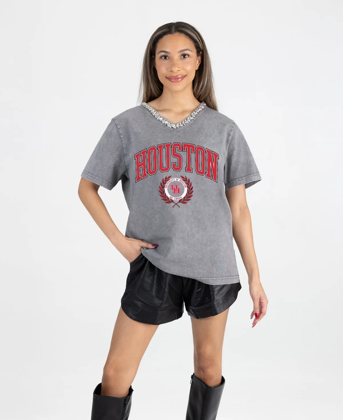 Houston Cougars Iconic Edge Rhinestone V-Neck T-Shirt by Gameday Couture