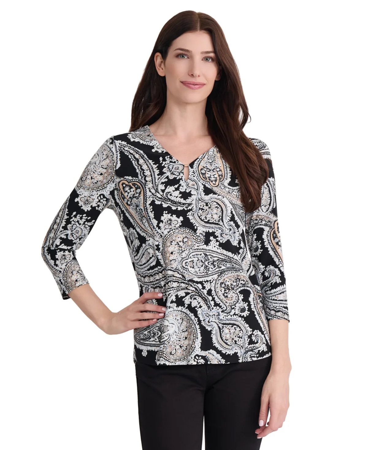 3/4 Sleeve Paisley-Print V-Neck Blouse by Jones New York
