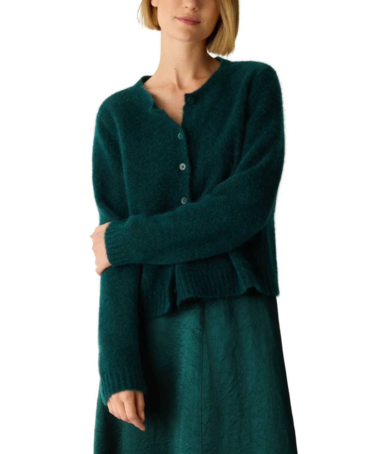 Crewneck Long-Sleeve Cardigan by Eileen Fisher