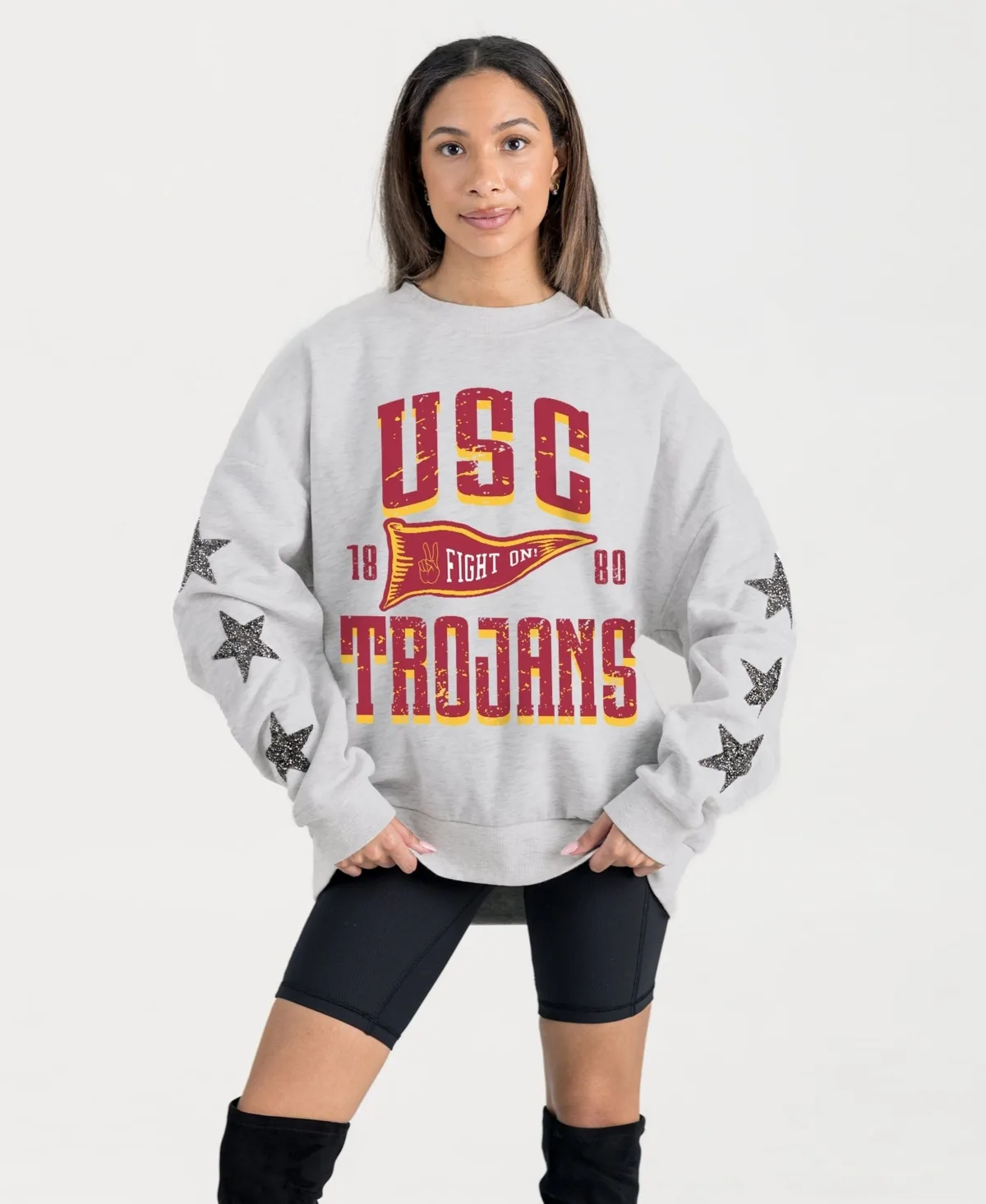 Usc Trojans Oversized Pennant Pride Rhinestone Star Sleeve Sweatshirt