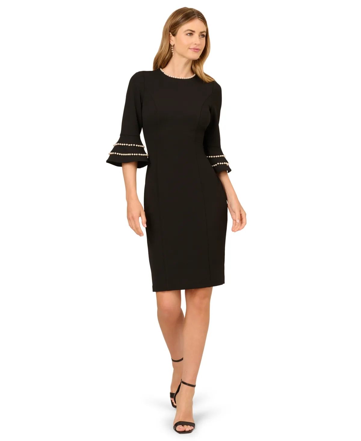 Pearl-Trimmed 3/4-Sleeve Bell-Cuff Cocktail Dress by Adrianna Papell
