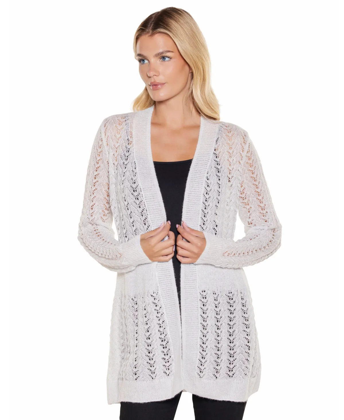 Metallic Pointelle Long-Sleeve Cardigan