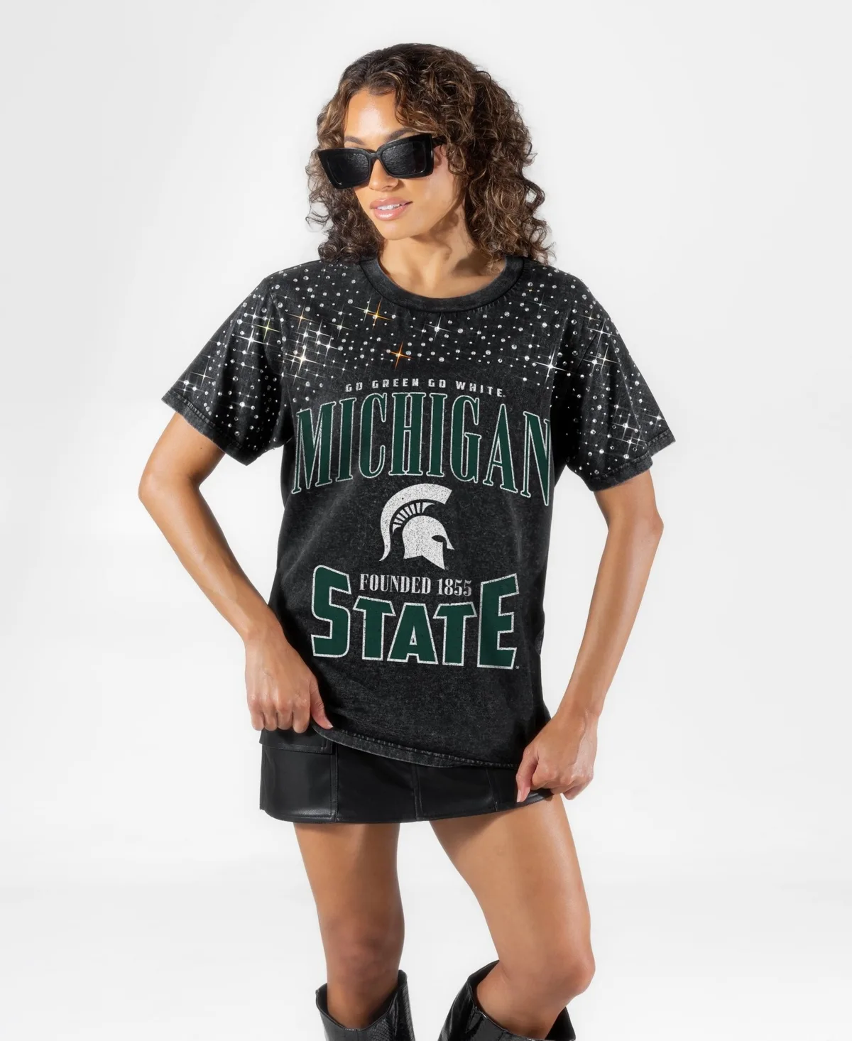 Michigan State Spartans in the Zone Washed Micro Rhinestone T-Shirt by Gameday Couture