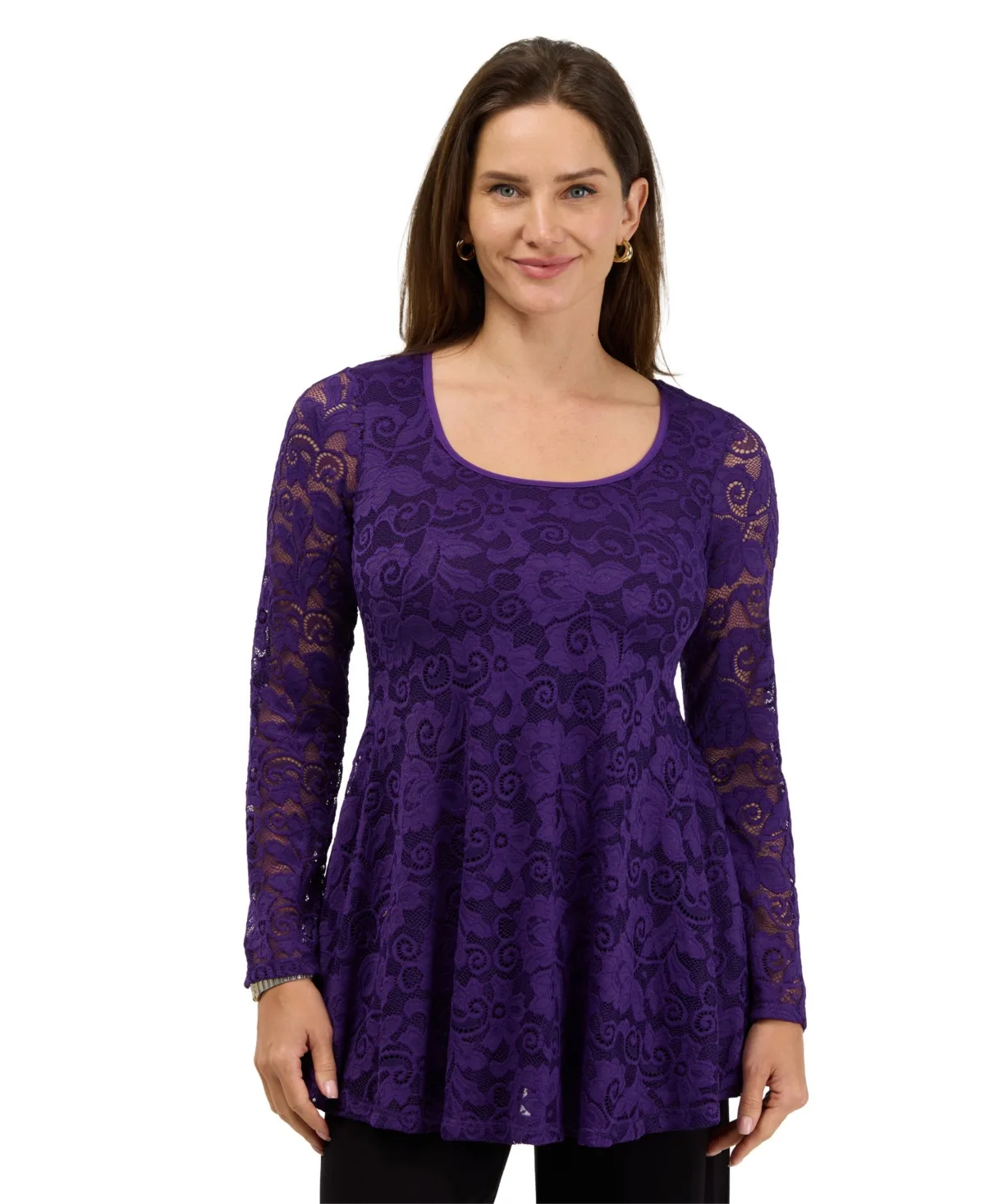 Scoop-Neck Long-Sleeve Floral Lace Tunic