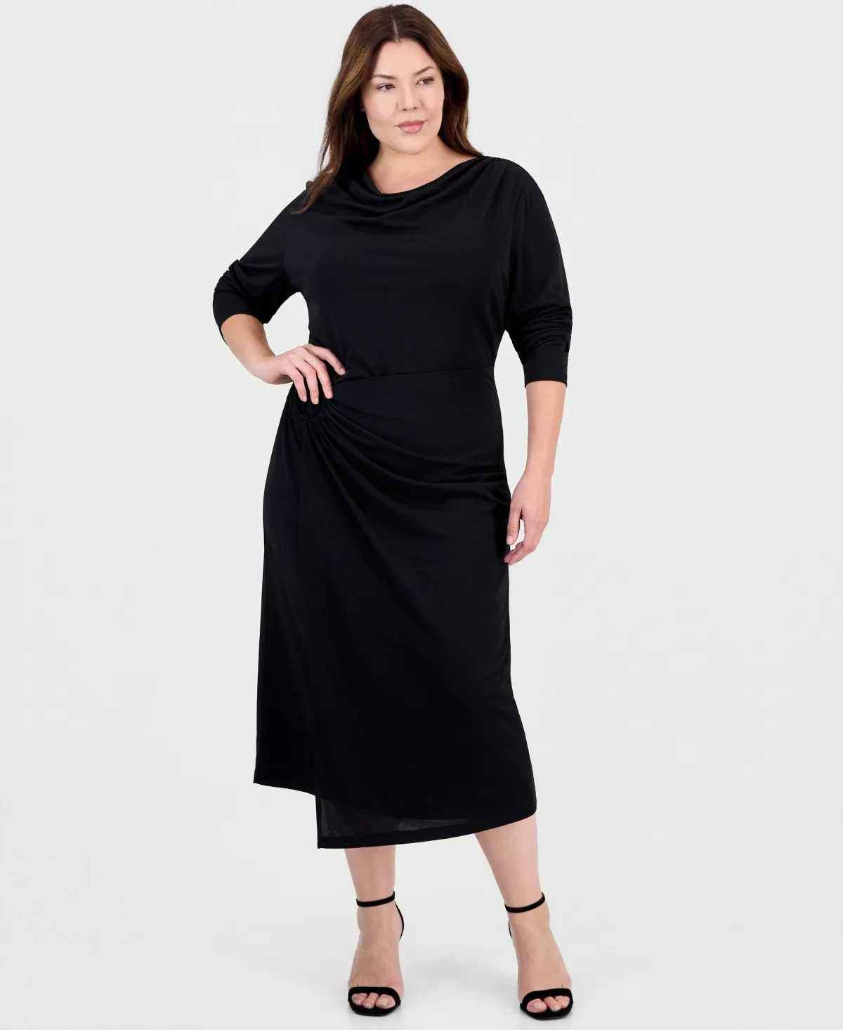 Cowl Neck Long-Sleeve Faux-Wrap Midi Dress by Anne Klein