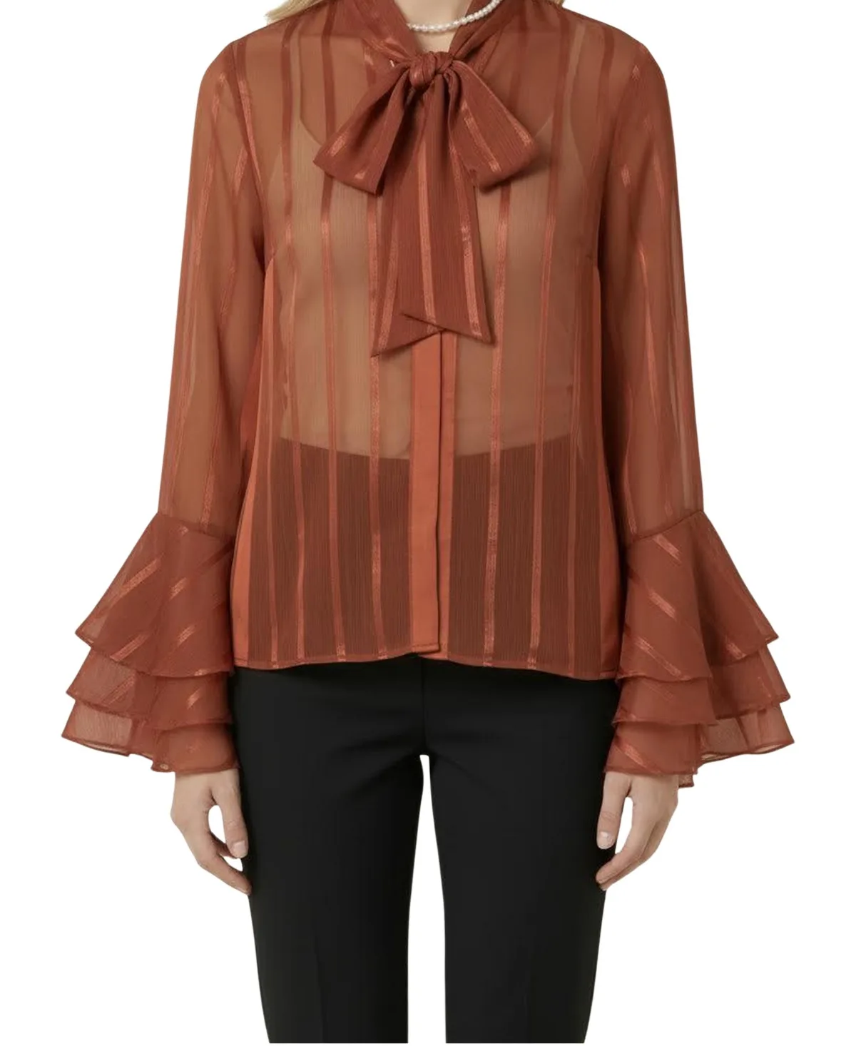 Sheer Tiered Tie-Neck Blouse by Modenaire