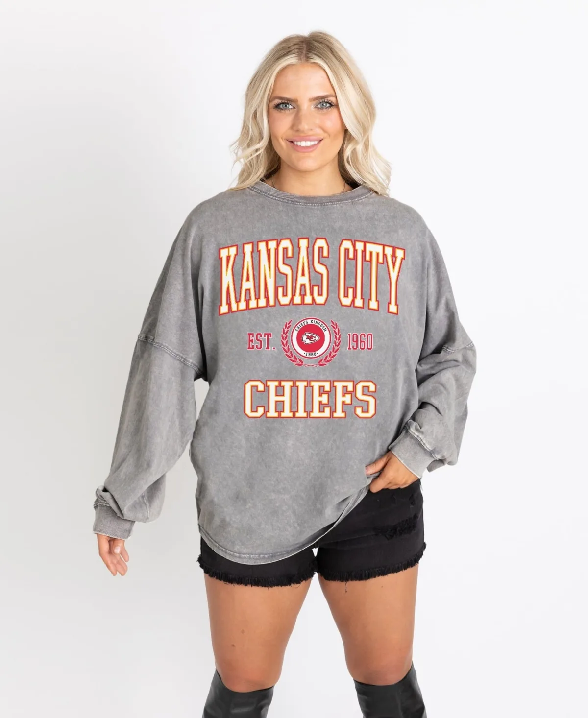 Kansas City Chiefs Oversized Final Score Snow Wash Long-Sleeve T-Shirt