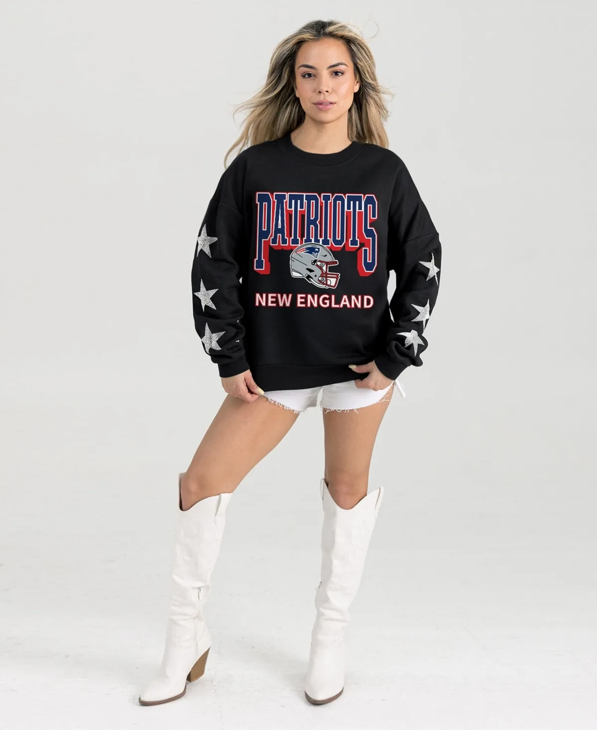 New England Patriots Pure Victory Rhinestud Star-Sleeve Pullover Sweatshirt