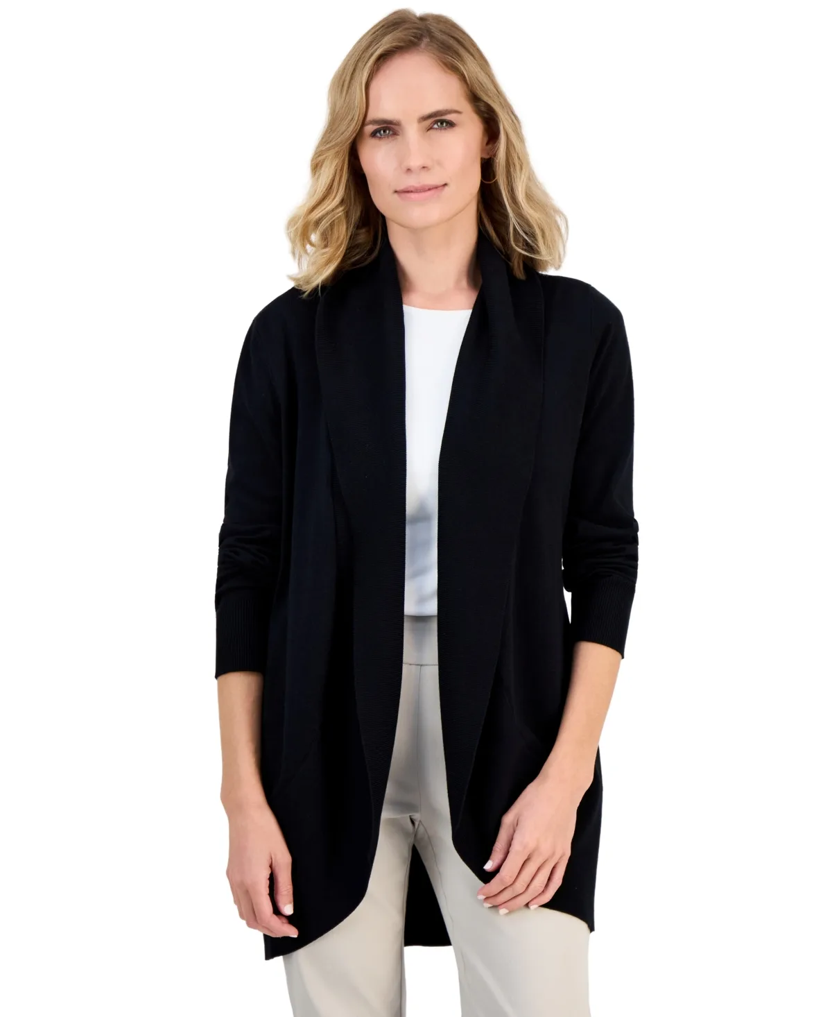 Curved Hem Open-Front Long-Sleeve Cardigan