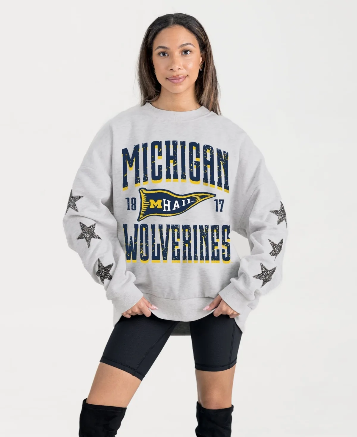 Michigan Wolverines Oversized Pennant Pride Rhinestone Star Sleeve Sweatshirt
