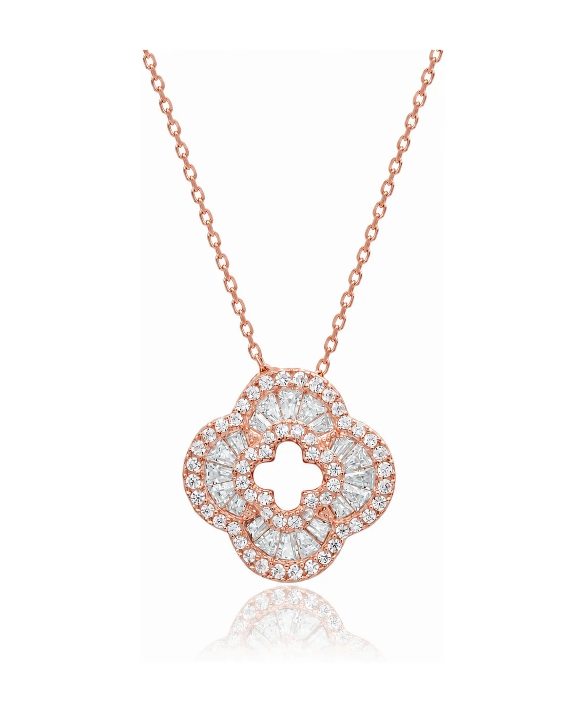 Sterling Silver Cubic Zirconia Baguette Pave Flower Clover Pendant Necklace by Suzy Levian New York
