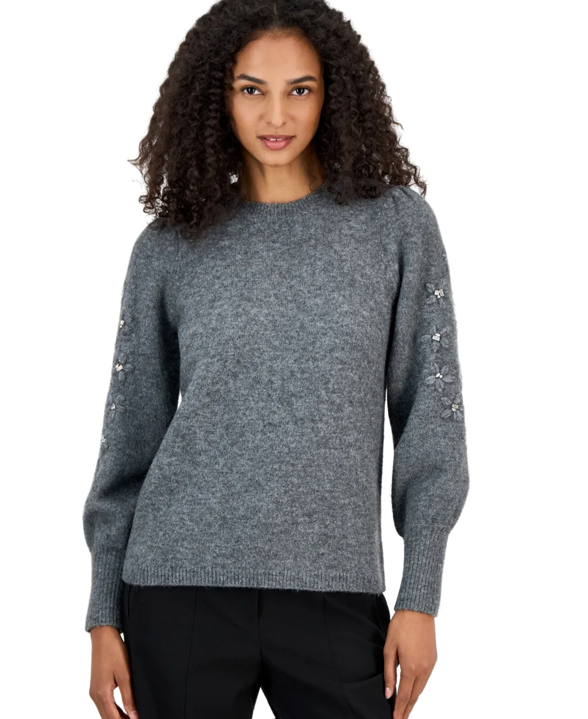 Puff-Sleeve Floral Crewneck Sweater by Anne Klein