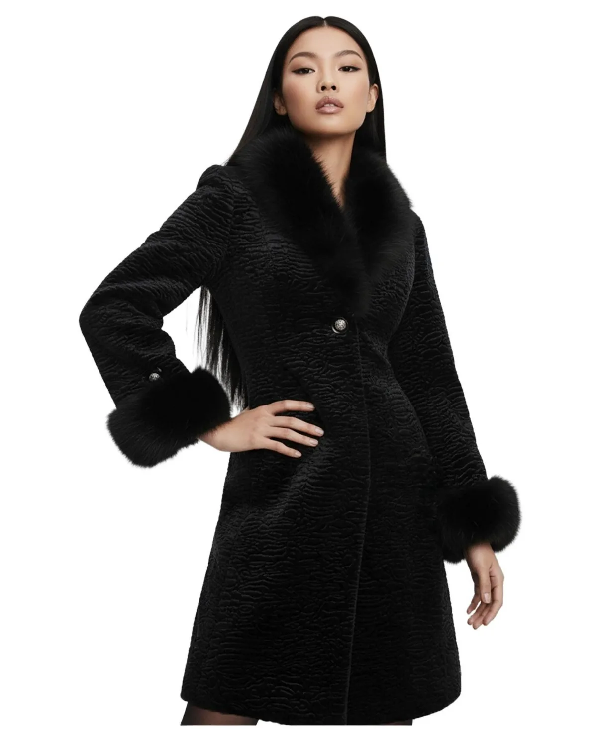 Paula Textured Evening Coat with Faux-Fur Shawl Collar and Cuffs by Luna Fashion House