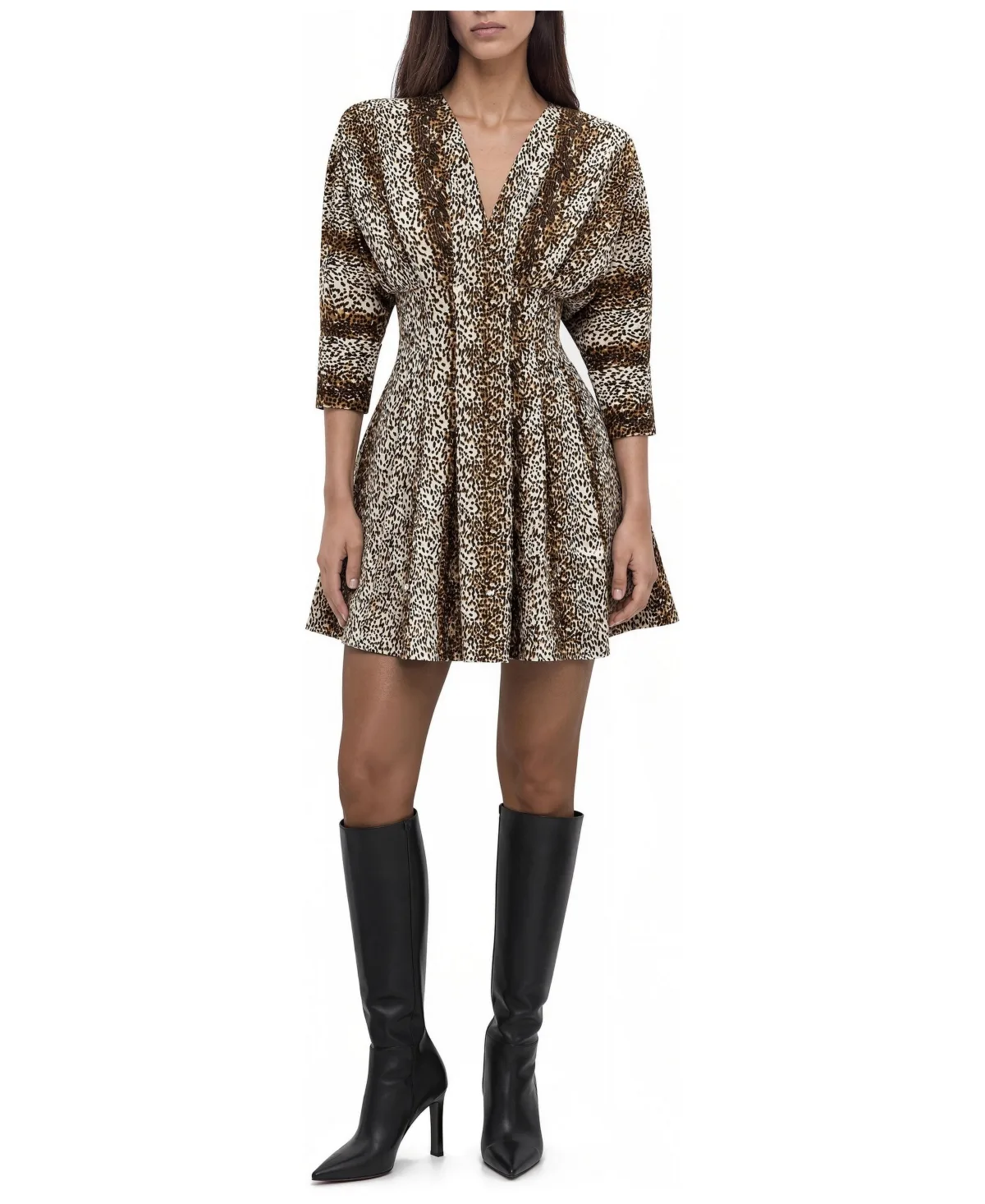 Leopard-Print V-Neck 3/4-Sleeve Mini Dress by Nocturne